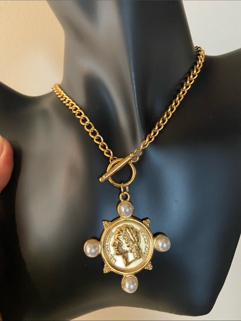 Gold-Tone Coin Pendant Necklace with Pearl Accents
